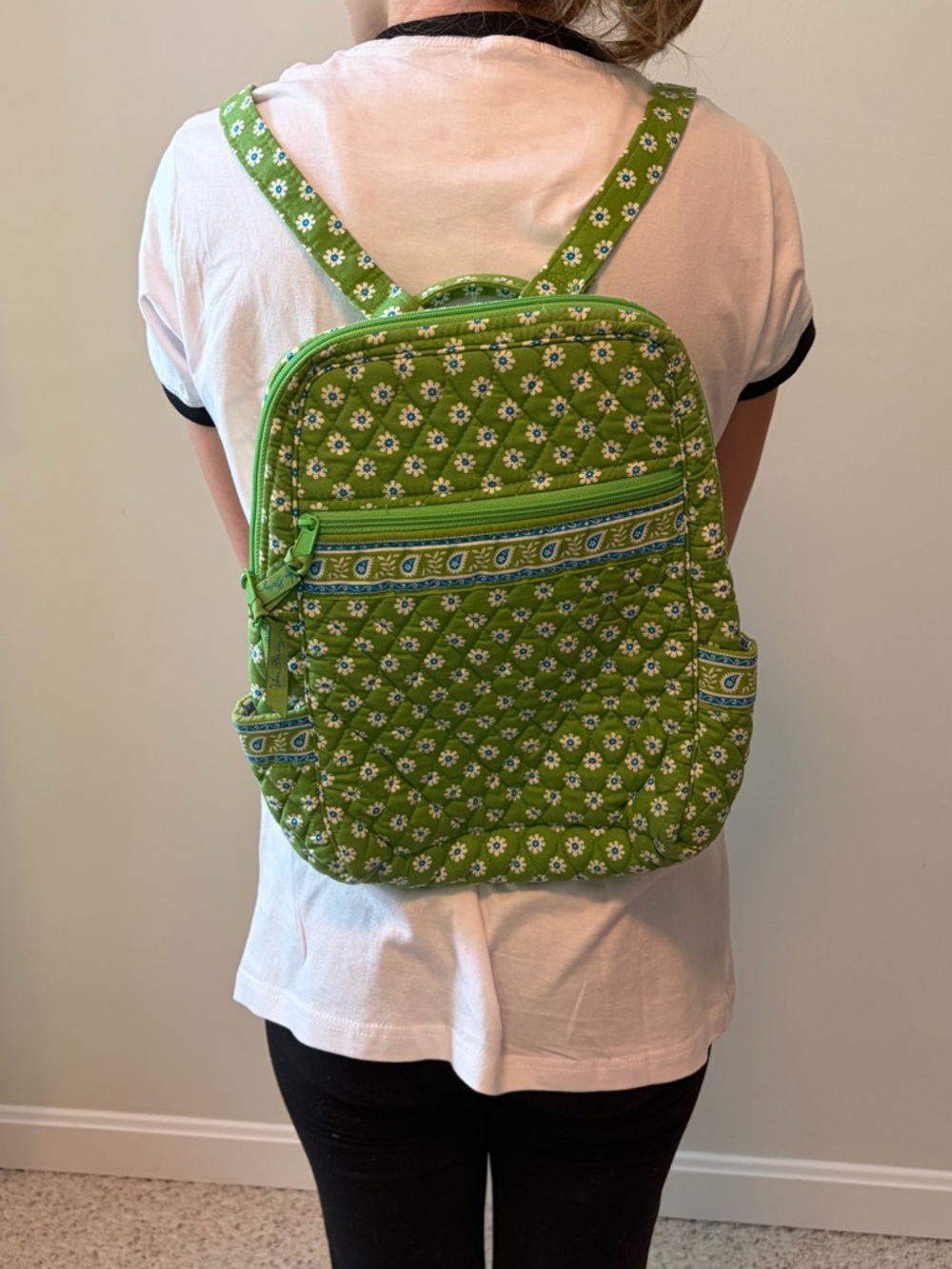 Vintage Vera Bradley Green Apple Daisy Quilted Backpack